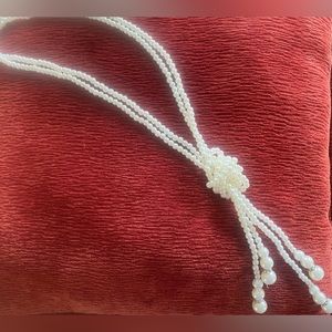 Long Double Strand Faux Pearl Necklace With Crystal Bead Accents